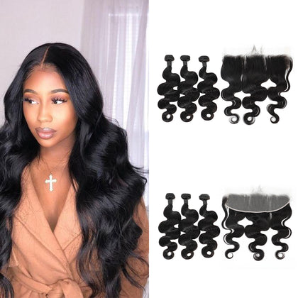 Unprocessed virgin peruvian human hair body wave Hair 3 Bundles With Frontal