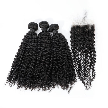 Natural Human Hair Raw Unprocessed Virgin Hair Brazilian Kinky Curly 3 Hair Bundles With Closure