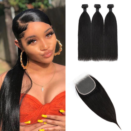 Hair Products Wholesale Unprocessed Virgin Natural 3 Straight Wave Bundles With Closure