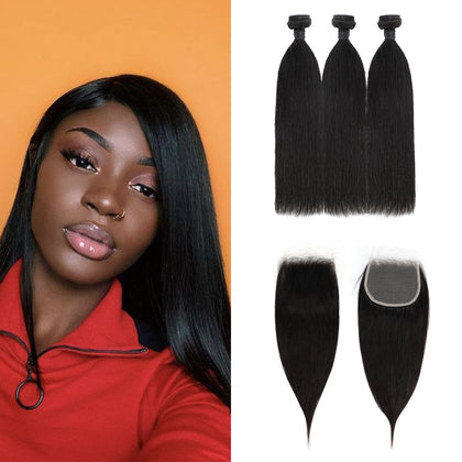 Fast Shipping Hair Extensions Brazilian Straight Human Hair Bundles With Lace Closure