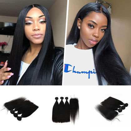 Hot Selling 100% Unprocessed Peruvian Virgin Straight Human Hair Bundles With Lace Closure