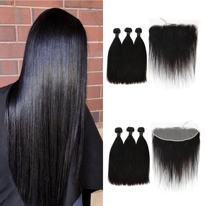 Vendor 3 Bundles Straight Wave Brazilian Virgin Human Hair Bundles With Lace Frontal