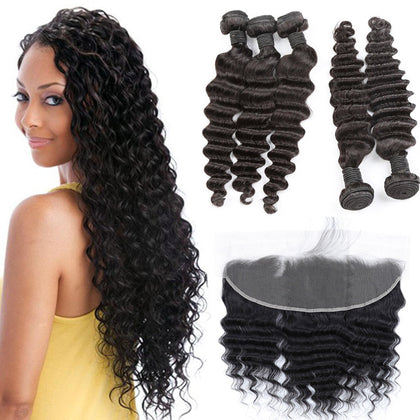 Malaysian Virgin Deep Hair Bundles With Frontal Deep Wave 13x4 Lace Frontal