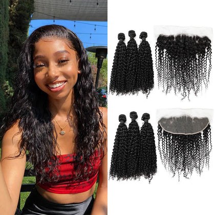 Brazilian Kinky Curly Wave Indian Raw Virgin Human Hair Bundles With Lace Frontal