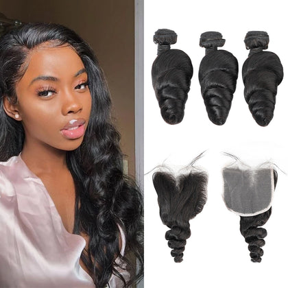 Virgin Human Hair Lace Front Closure 3 Bundles Loose Hair Bundles With Closure