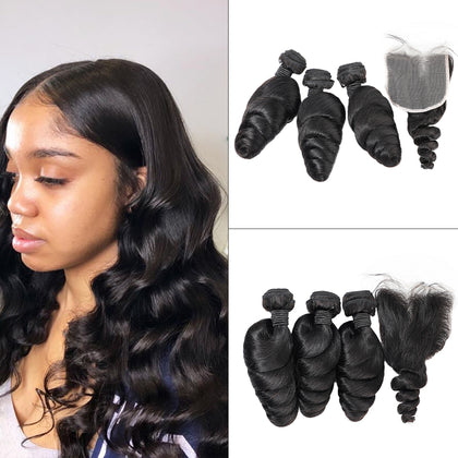 100% Peruvian Human Hair Virgin Loose Hair Bundles With Lace Closure