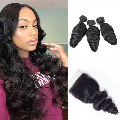 Soul Beauty Brazilian Loose Wave Hair 3 Bundles Deals With Lace Closure 4x4 Inch